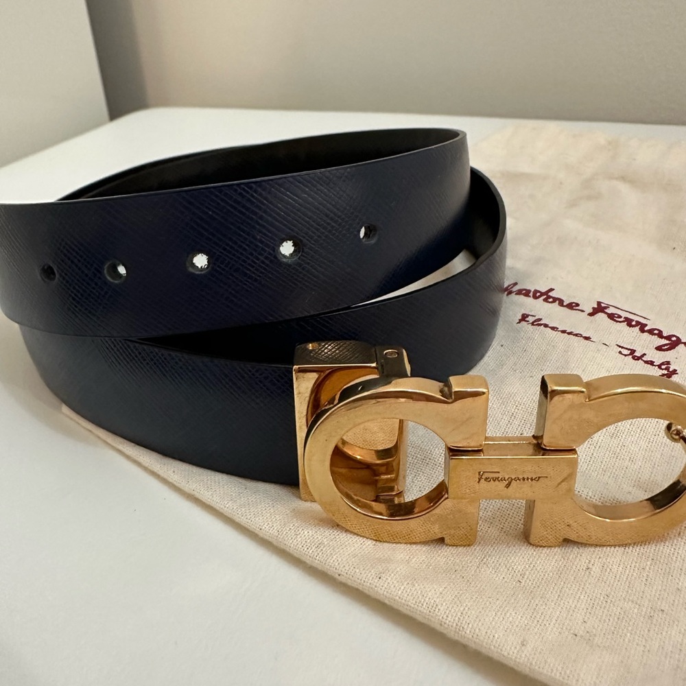 Salvatore Ferragamo Blue Leather Belt with Gold Buckle